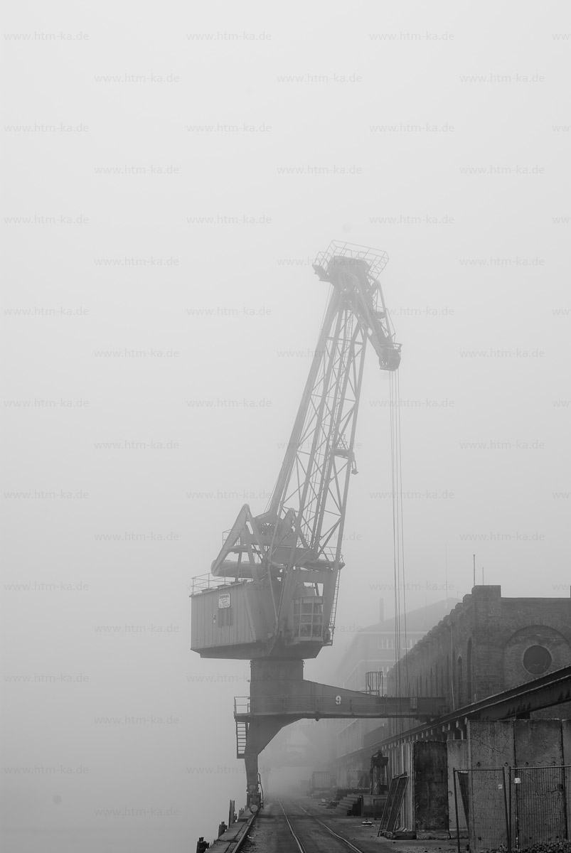 Hafenkran im Nebel